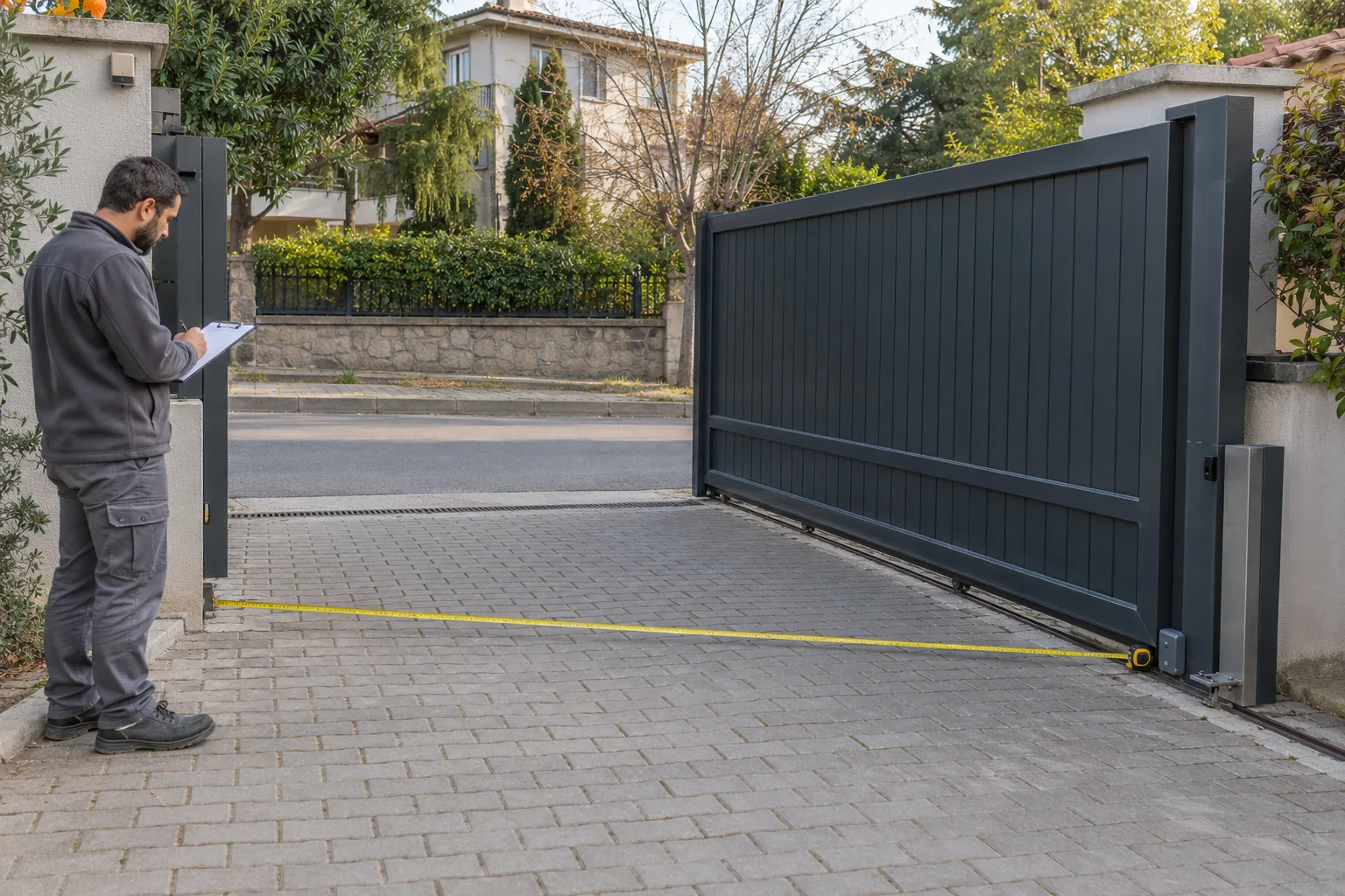 Yana kayar kapının açıklığını ve geri çekilme alanını inceleyen teknik görevli
