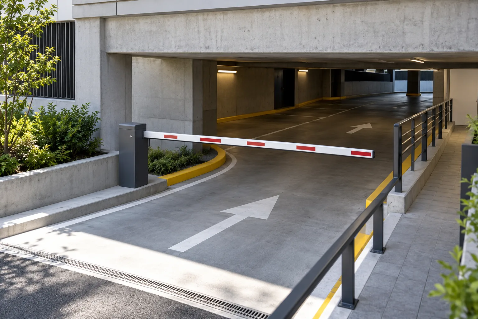 Otopark girişinde bariyer gövdesi, araç şeridi ve ayrı yaya yolunun yerleşimi